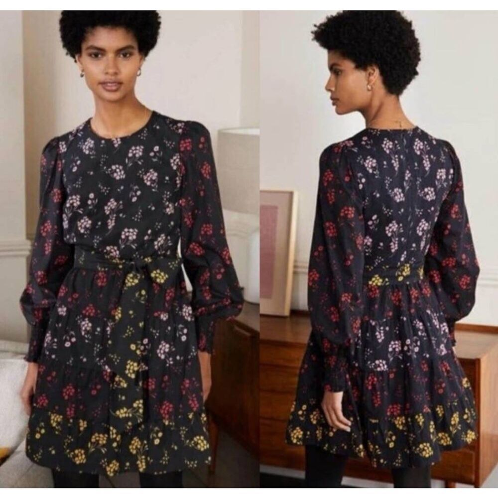 Boden Lyla Tiered Floral midi dress long sleeve pockets Sz 8R